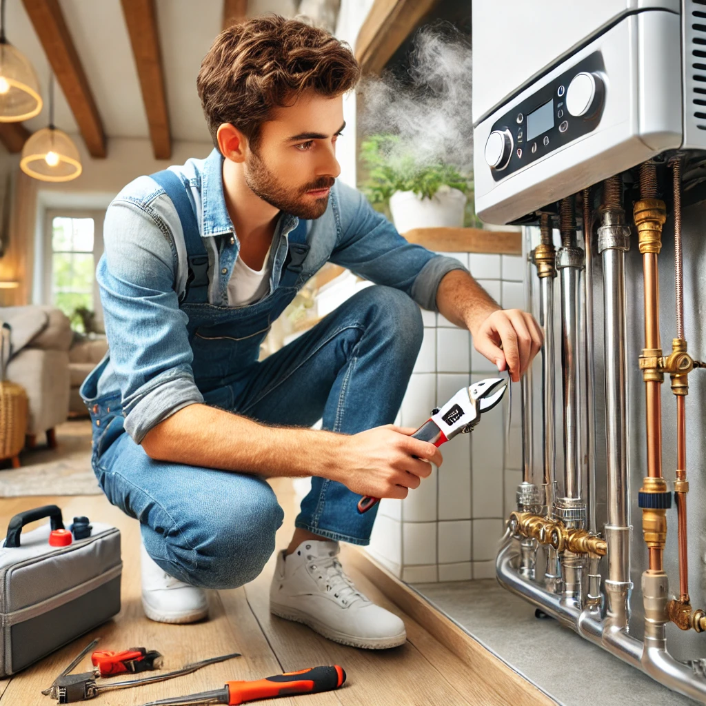 HVAC technician repairing a residential boiler system with specialized tools in a clean and modern home setting.