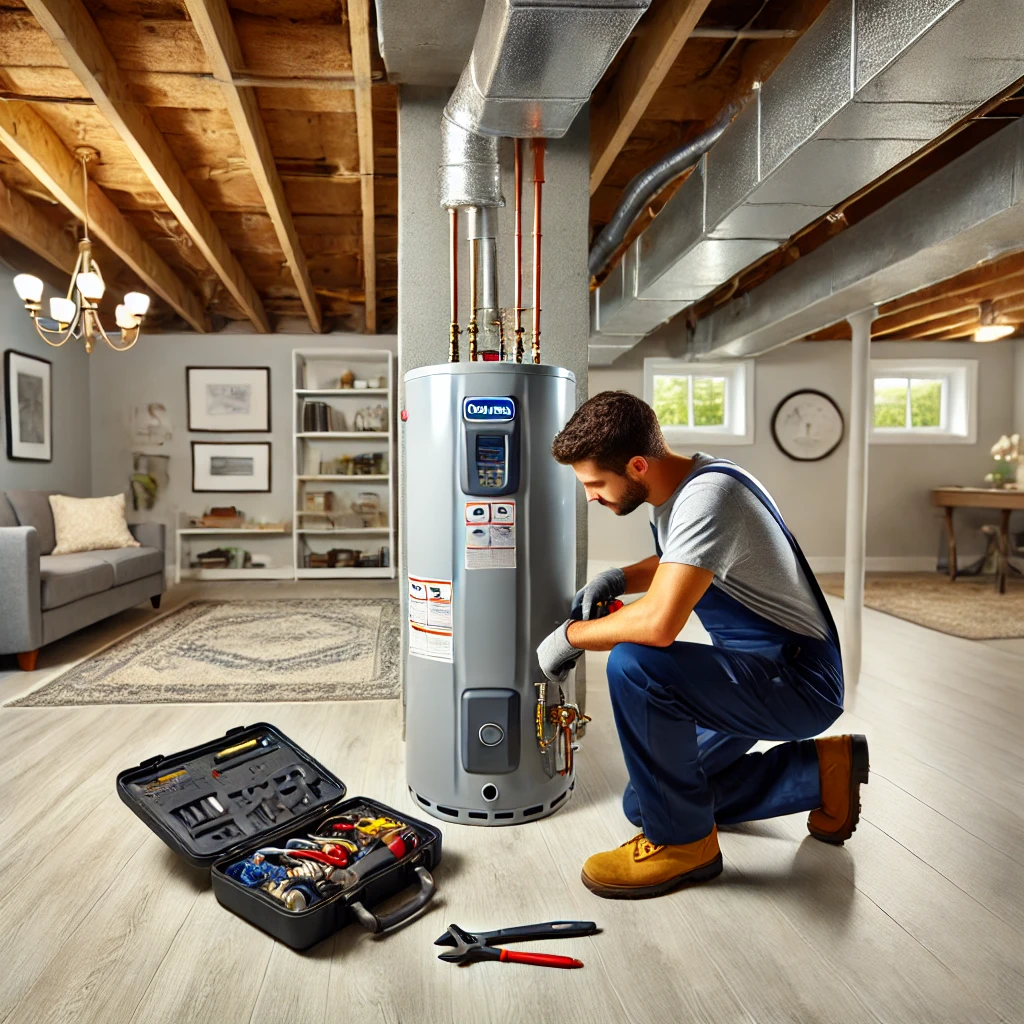 HVAC technician working on water heater repair in the basement of a suburban home in Palatine, IL.
