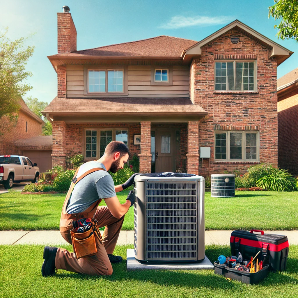 A suburban home in Glendale Heights, IL, with an HVAC technician working on an outdoor air conditioning unit, showcasing professional HVAC repair and maintenance services.