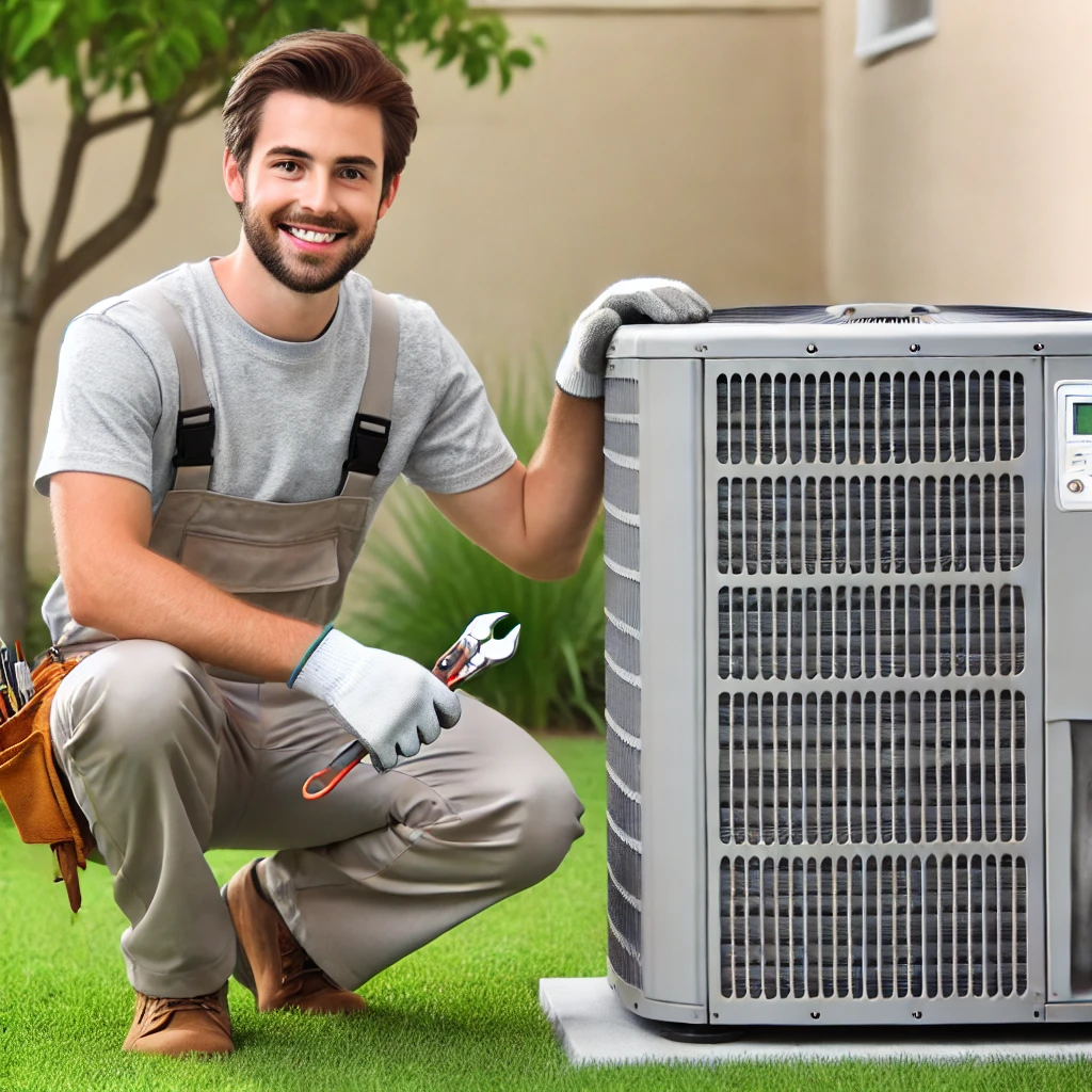 HVAC technician working on an outdoor air conditioning unit in Elk Grove Village, IL, highlighting expert HVAC maintenance and repair services.