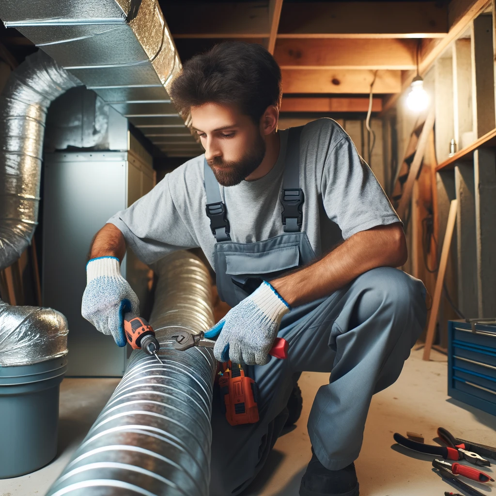 A professional HVAC technician working on installing ductwork in a residential home. The scene shows the technician using tools to fit sections of metal duct work.