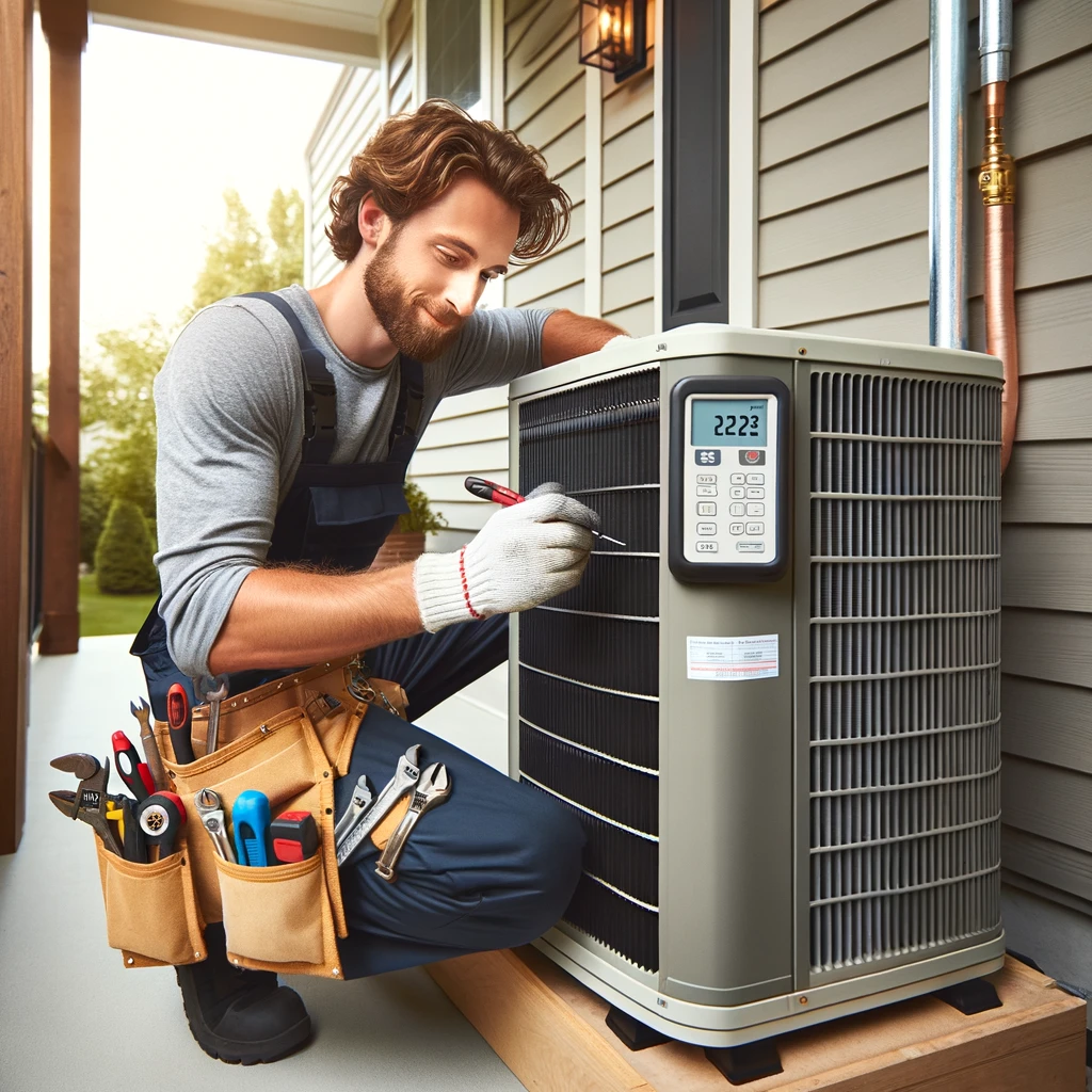 HVAC technician installing a heat pump system in a residential home in Oak Brook, IL