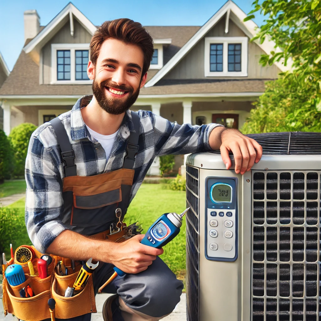 A smiling HVAC technician servicing an air conditioning unit in front of a suburban home in Itasca, IL, showcasing professional HVAC repair and maintenance services.