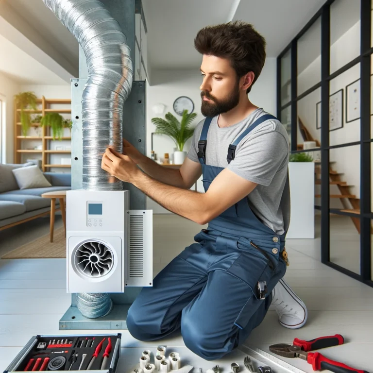 Professional installation of a Heat Recovery Ventilator system by Eco Temp HVAC technician in a residential home.