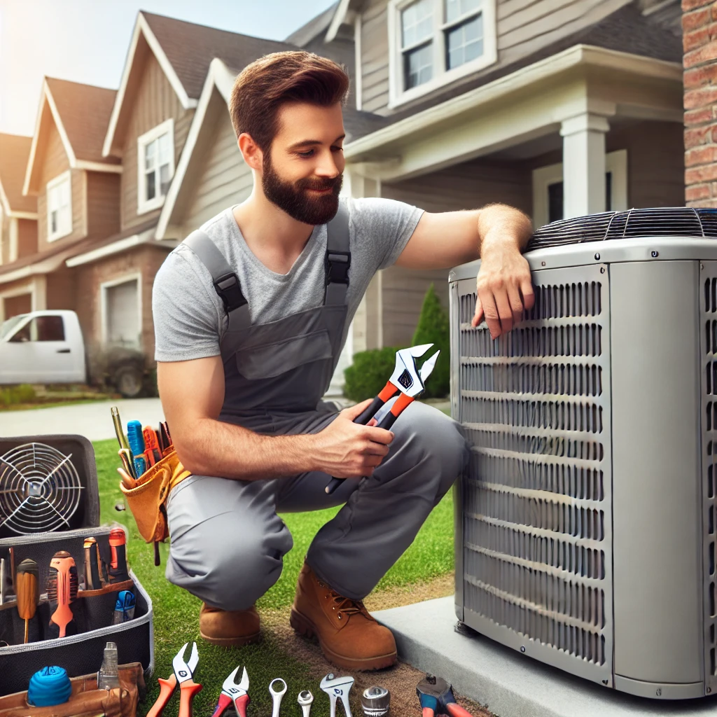 HVAC technician repairing an air conditioning unit outside a suburban home in Aurora, IL, showcasing professional AC repair services.