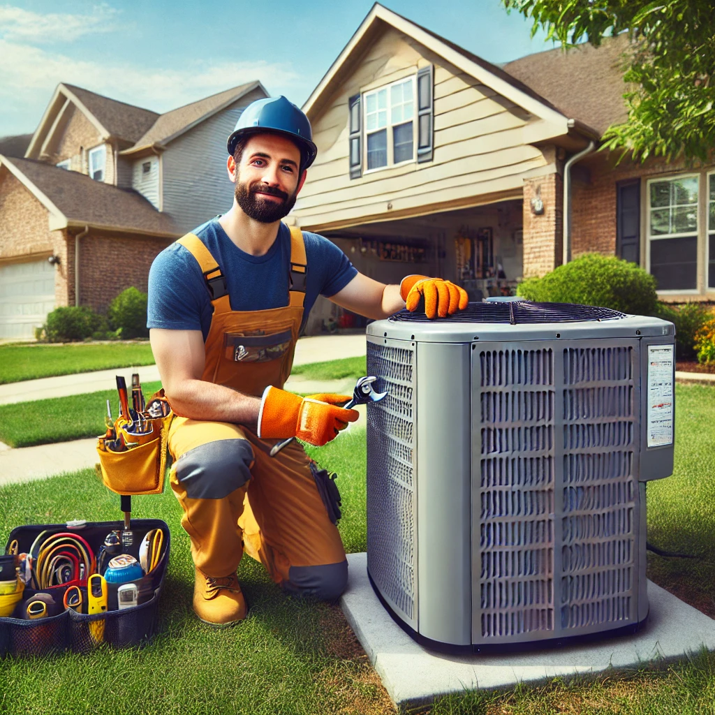 HVAC technician repairing a residential air conditioner in Elgin, IL.