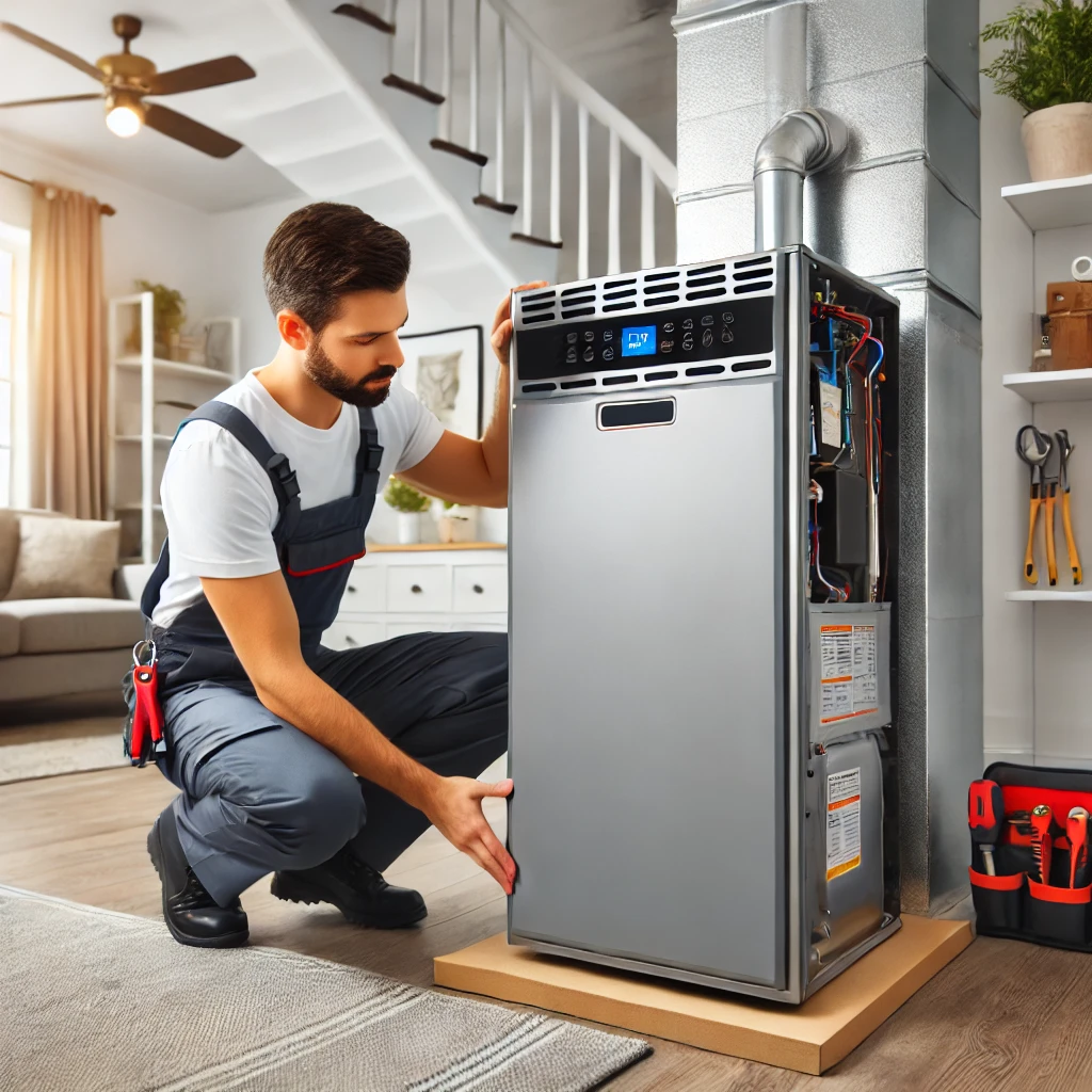 HVAC technician performing a furnace installation in Elgin, IL, highlighting energy-efficient solutions and professional service by Eco Temp HVAC.