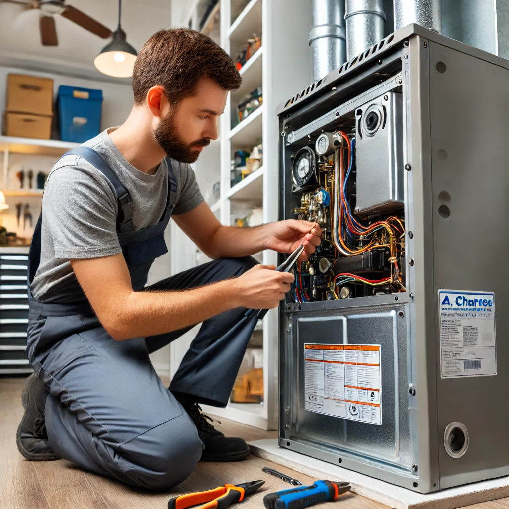 A professional HVAC technician repairing a modern furnace in a home setting in St. Charles, IL. The technician is using tools to fix the furnace, highlighting the detailed repair work.
