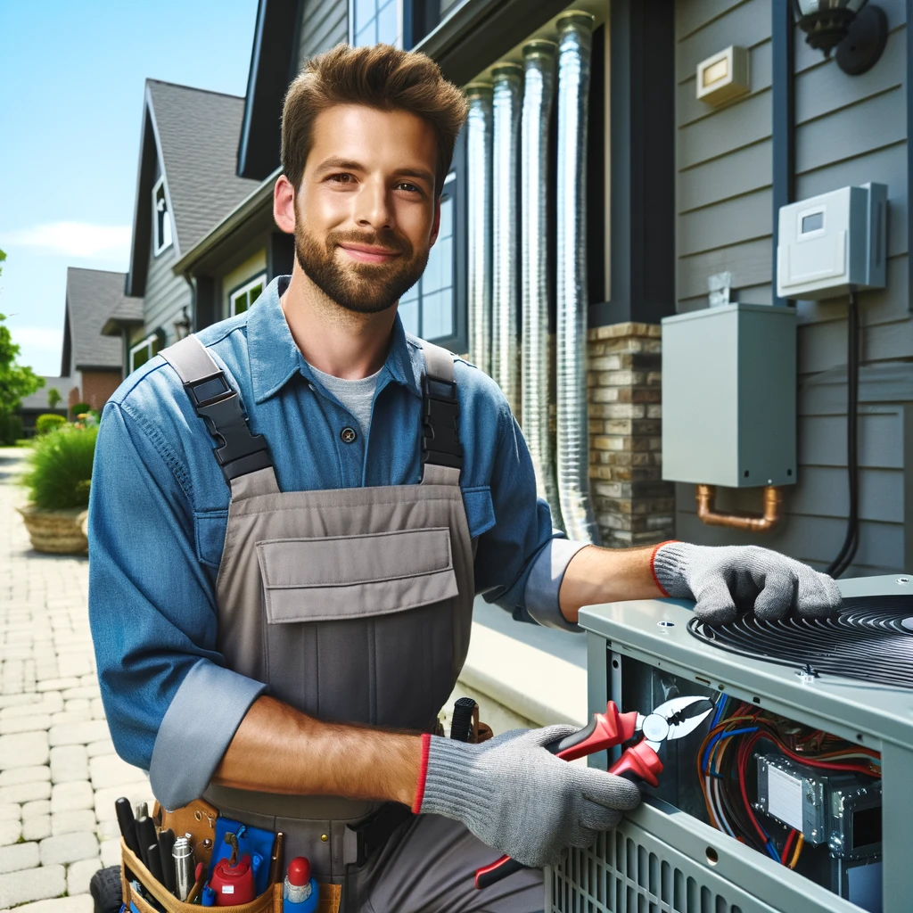 HVAC technician installing a heating and cooling system in a residential building in Lake Zurich, IL.