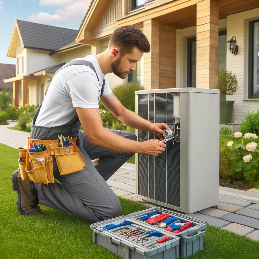 A professional HVAC technician installing a modern heating and cooling system outside a suburban home in Westchester, IL.