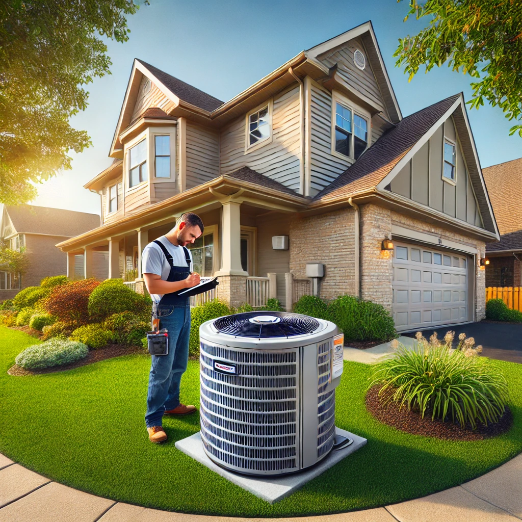 Suburban home in Round Lake, IL, with a professional HVAC technician inspecting an outdoor air conditioning unit, showcasing reliable HVAC services.