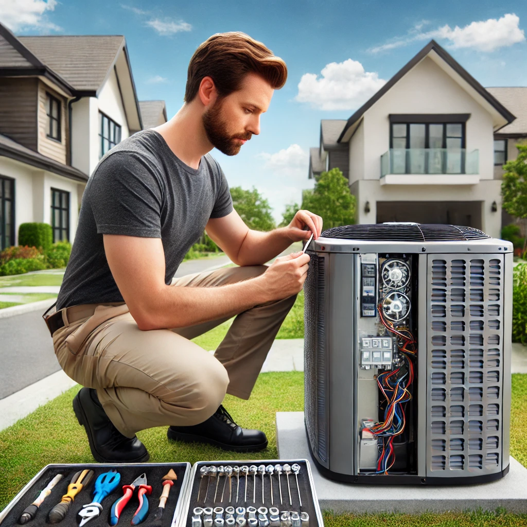 Experienced HVAC technician performing a residential HVAC repair in Fox Lake, IL, servicing an outdoor air conditioning unit.