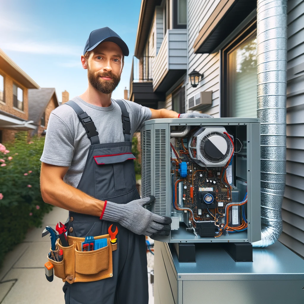 HVAC technician installing a heating and cooling system in a residential building in Cook County, IL.