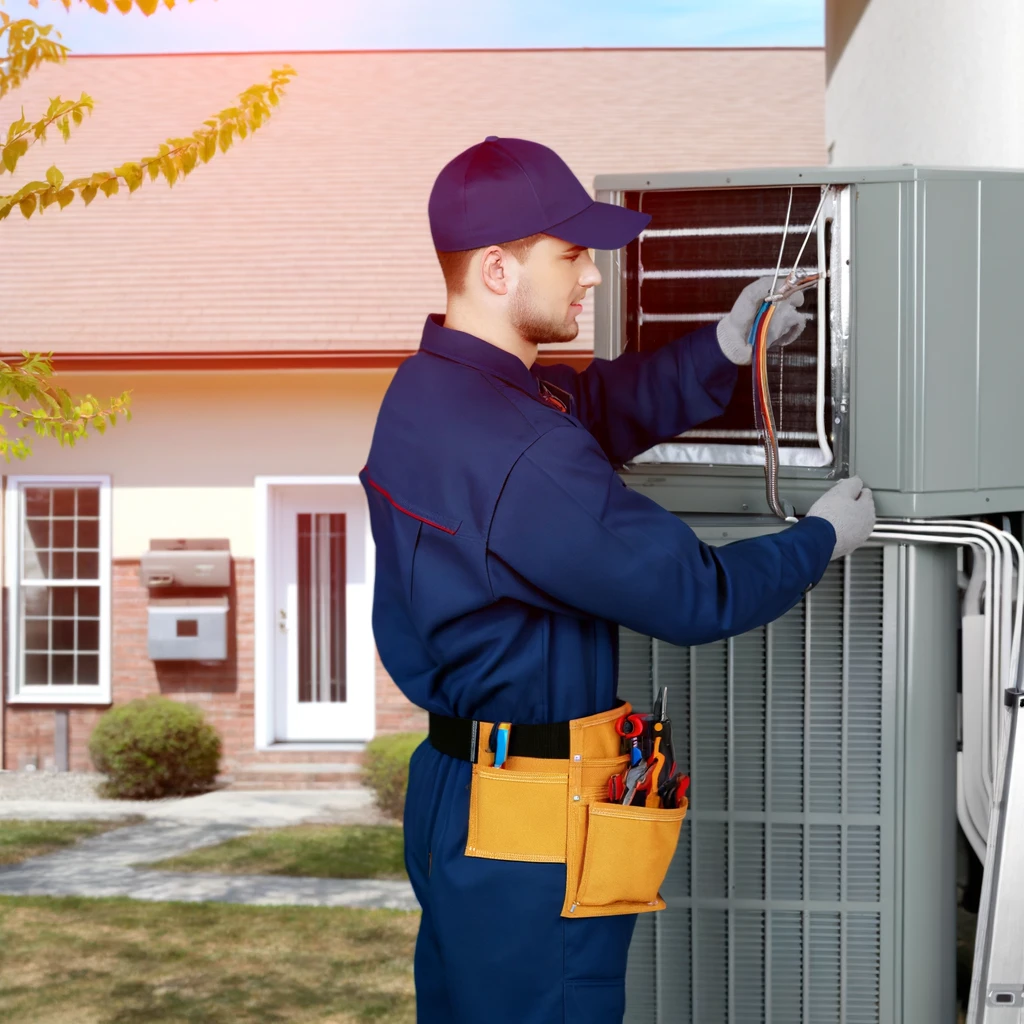 HVAC technician installing a heating and cooling system in a residential building in DeKalb County, IL.