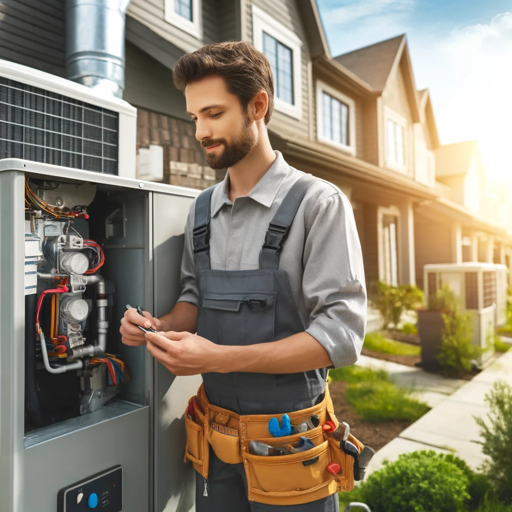 HVAC technician installing a heating and cooling system in a residential building in Kane County, IL.