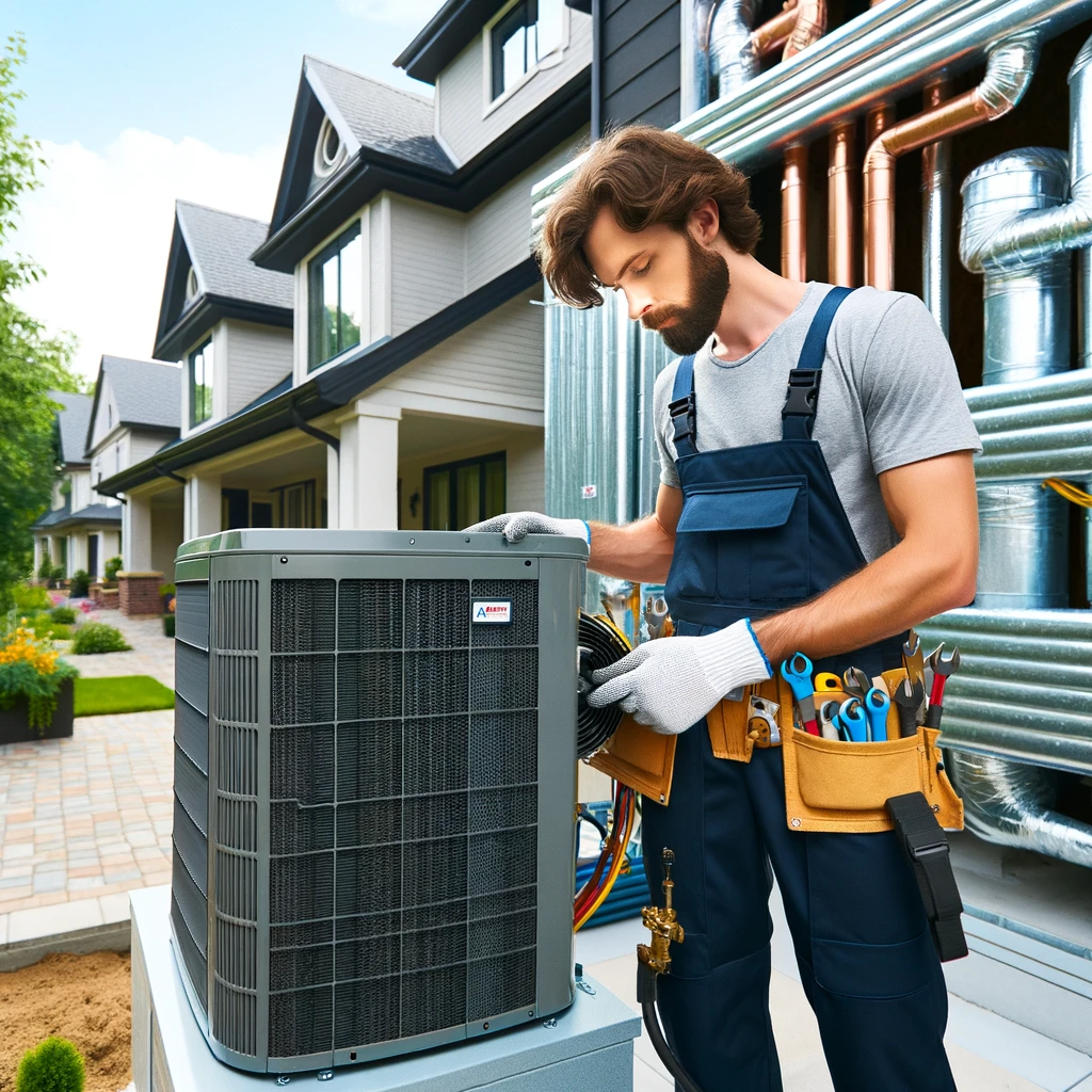 HVAC technician installing a heating and cooling system in a residential building in Lake County, IL.