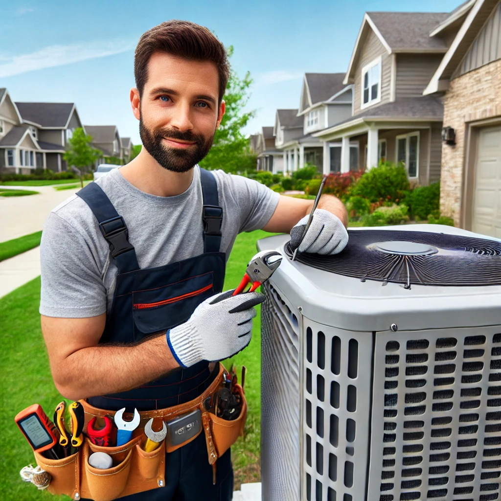 Professional HVAC technician installing a modern air conditioning unit outside a suburban home in Fox River Grove, IL.