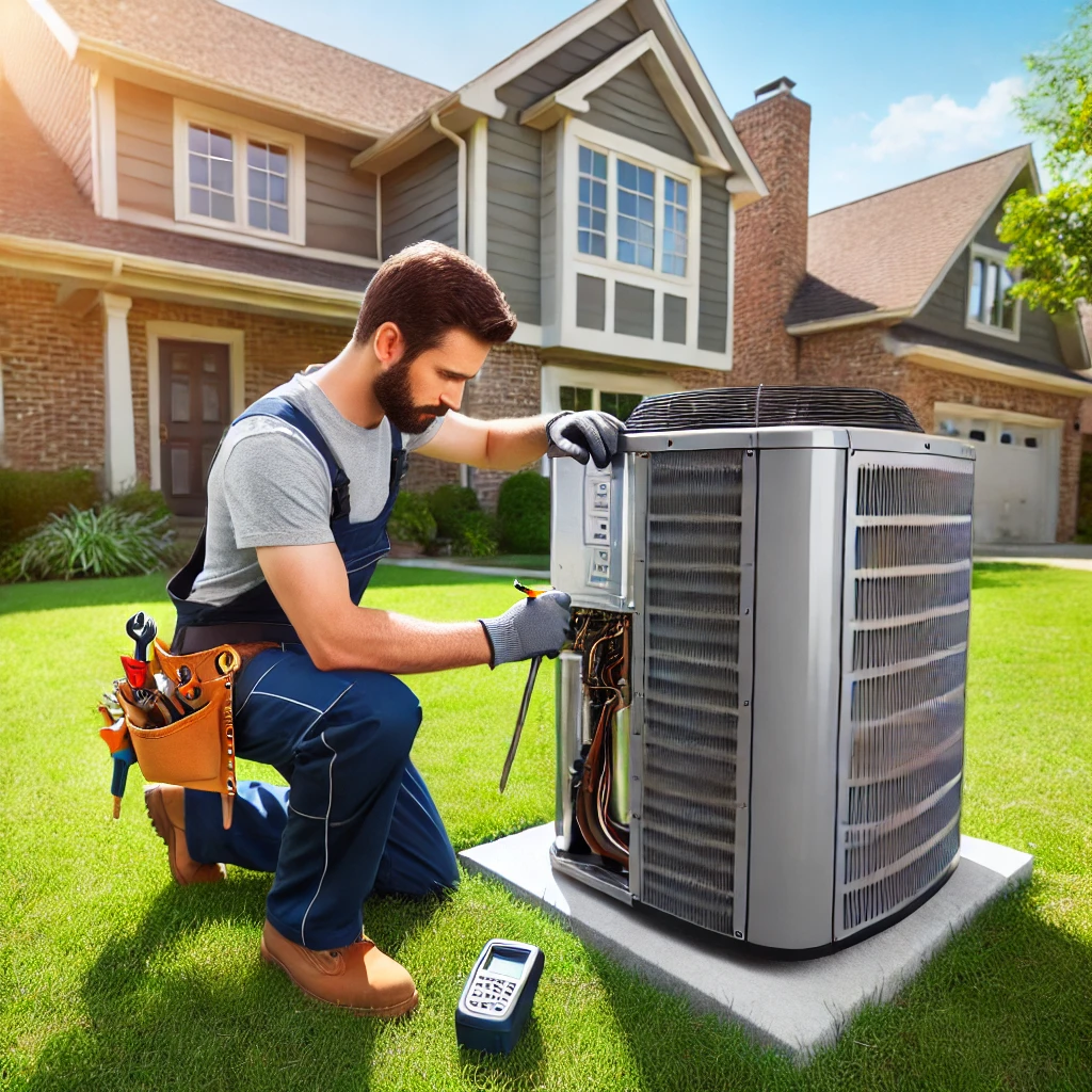 A professional HVAC technician installing a modern air conditioning system outside a suburban home in Prospect Heights, IL.