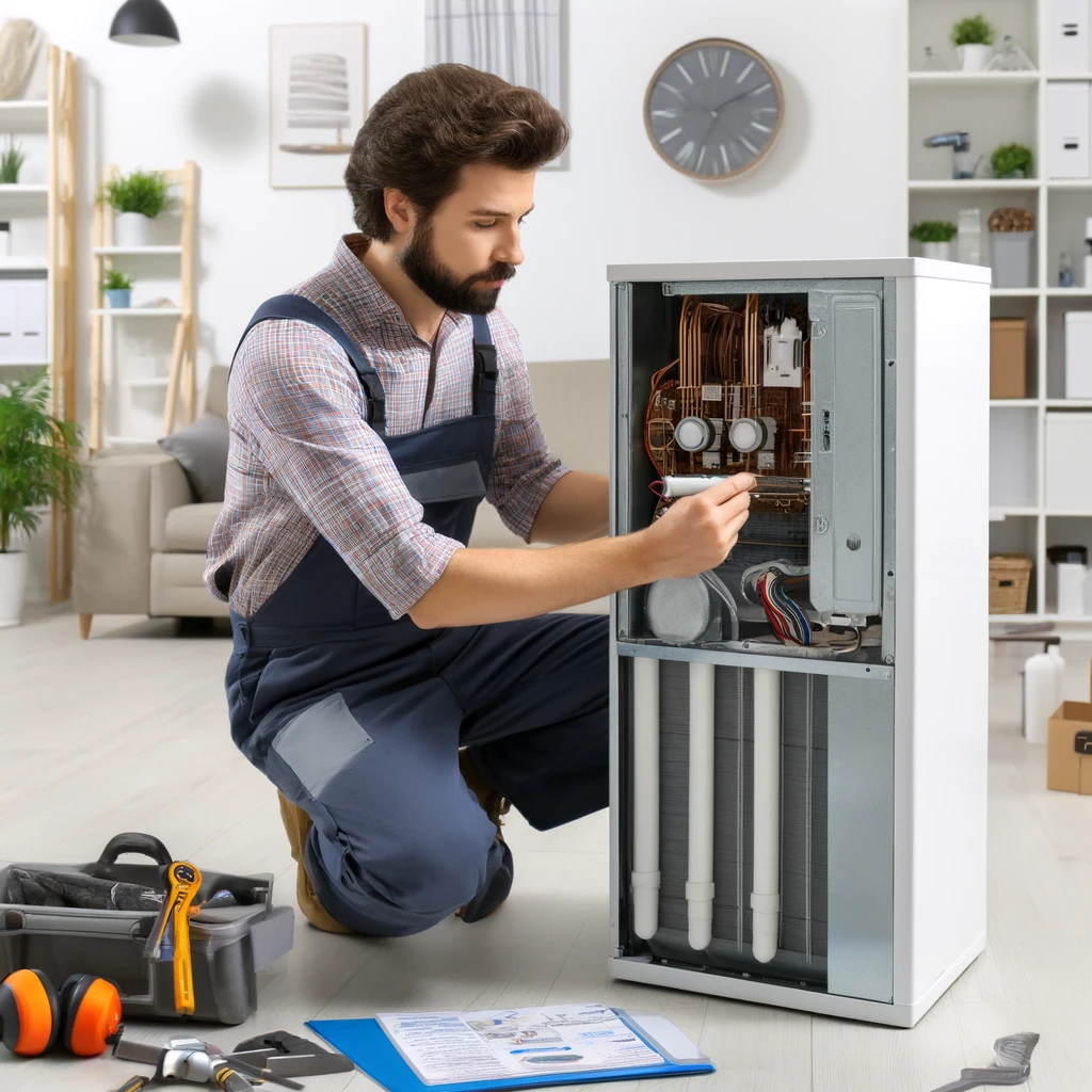 A professional HVAC technician installing a modern heating and cooling system in a residential home, showcasing a clean and organized workspace with various HVAC tools and equipment.