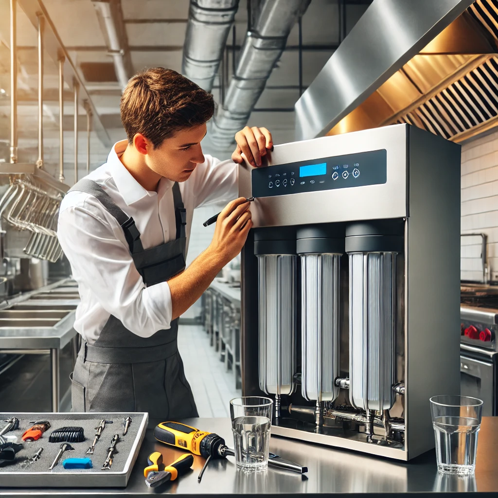Professional HVAC technician installing a commercial water filtration system in a modern commercial kitchen