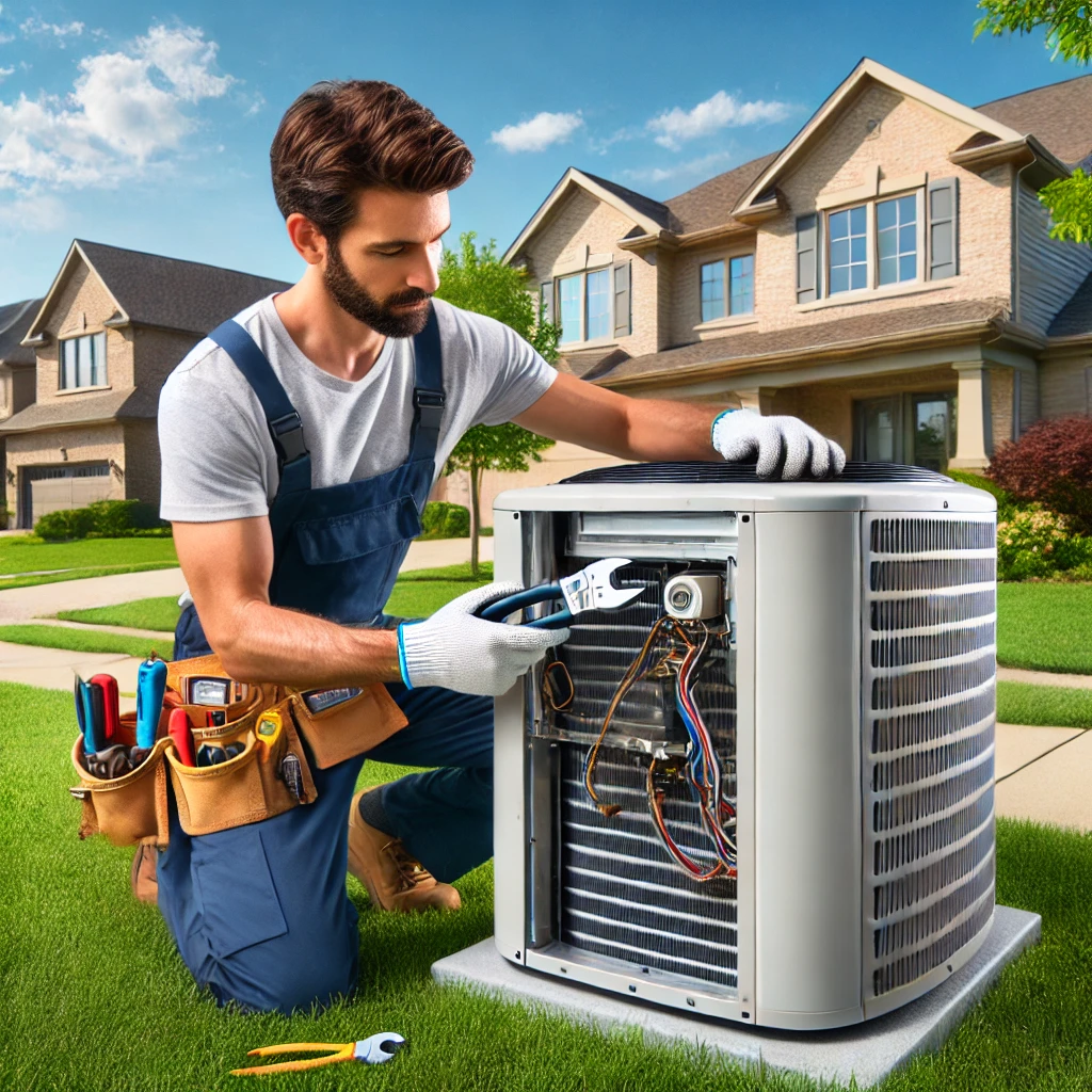 A professional HVAC technician installing a modern air conditioning unit outside a suburban home in Wheeling, IL, with tools in hand, ensuring a proper and efficient installation.