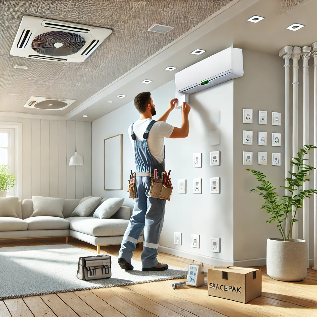 A professional HVAC technician installing a Spacepak system in a modern residential setting, with small, discrete outlets on the ceiling, floor, and walls.
