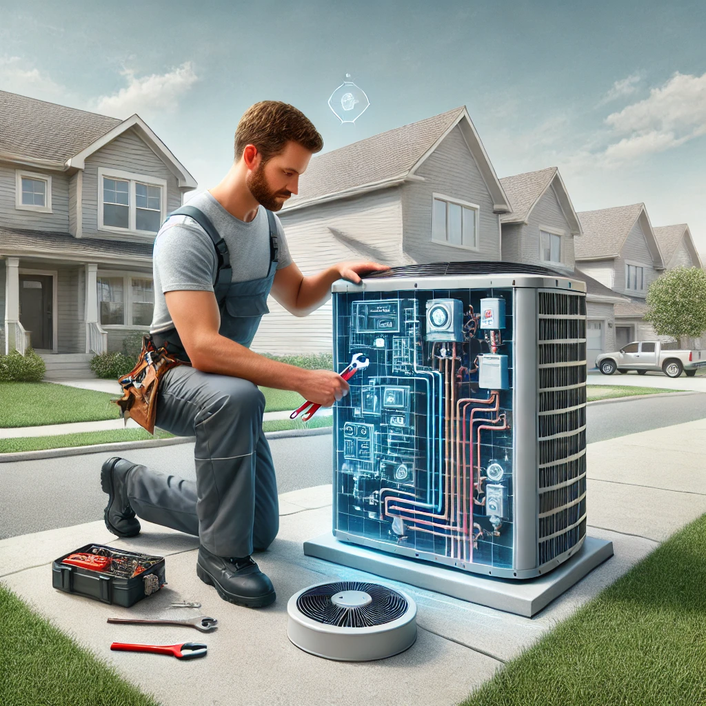 Professional HVAC technician installing a modern HVAC system in a residential home in Waukegan, IL, featuring both an air conditioning unit and a heat pump.