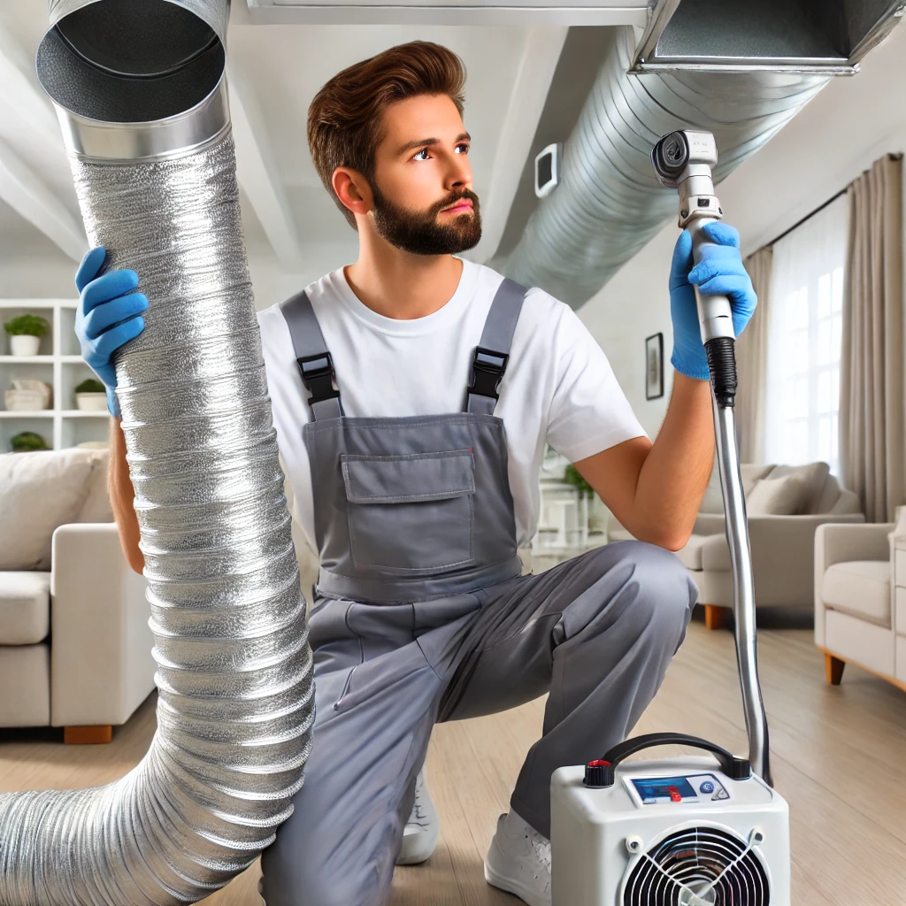 HVAC technician performing air duct cleaning in a modern home in St. Charles, IL, using specialized equipment to ensure improved air quality.