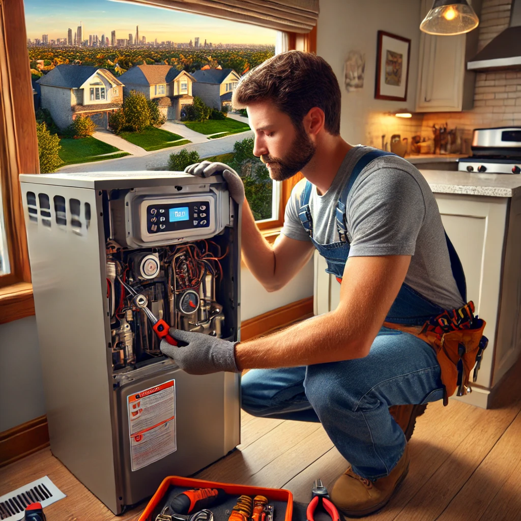 HVAC technician repairing a residential furnace in Schaumburg, IL, provided by Eco Temp HVAC.