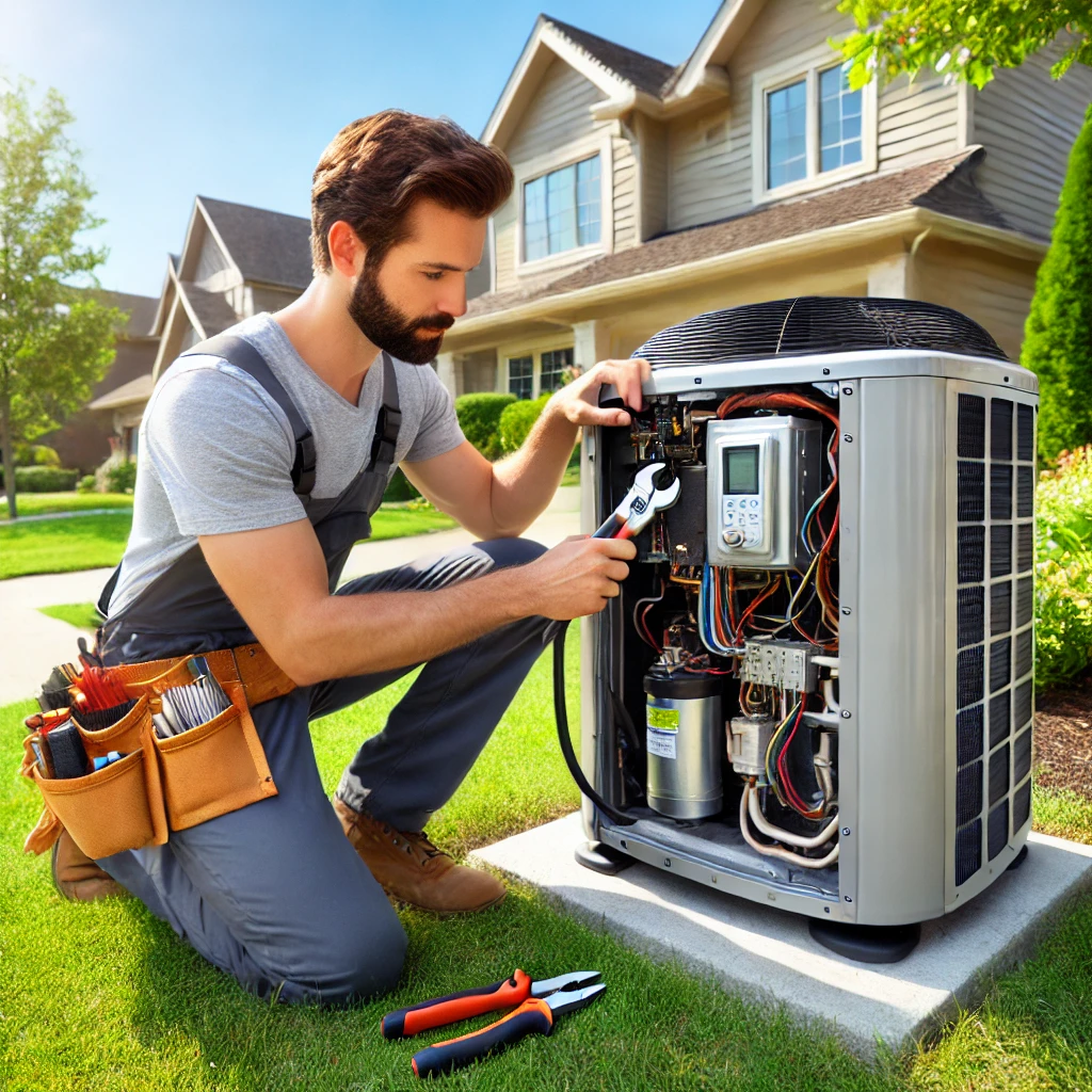 HVAC technician repairing a heat pump outside a suburban home in Downers Grove, IL.