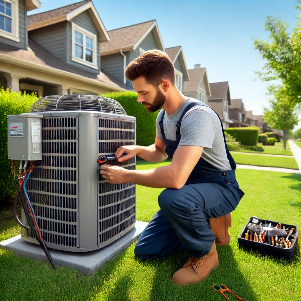 HVAC technician servicing an outdoor air conditioner unit in Bensenville, IL, providing expert AC repair and maintenance services.