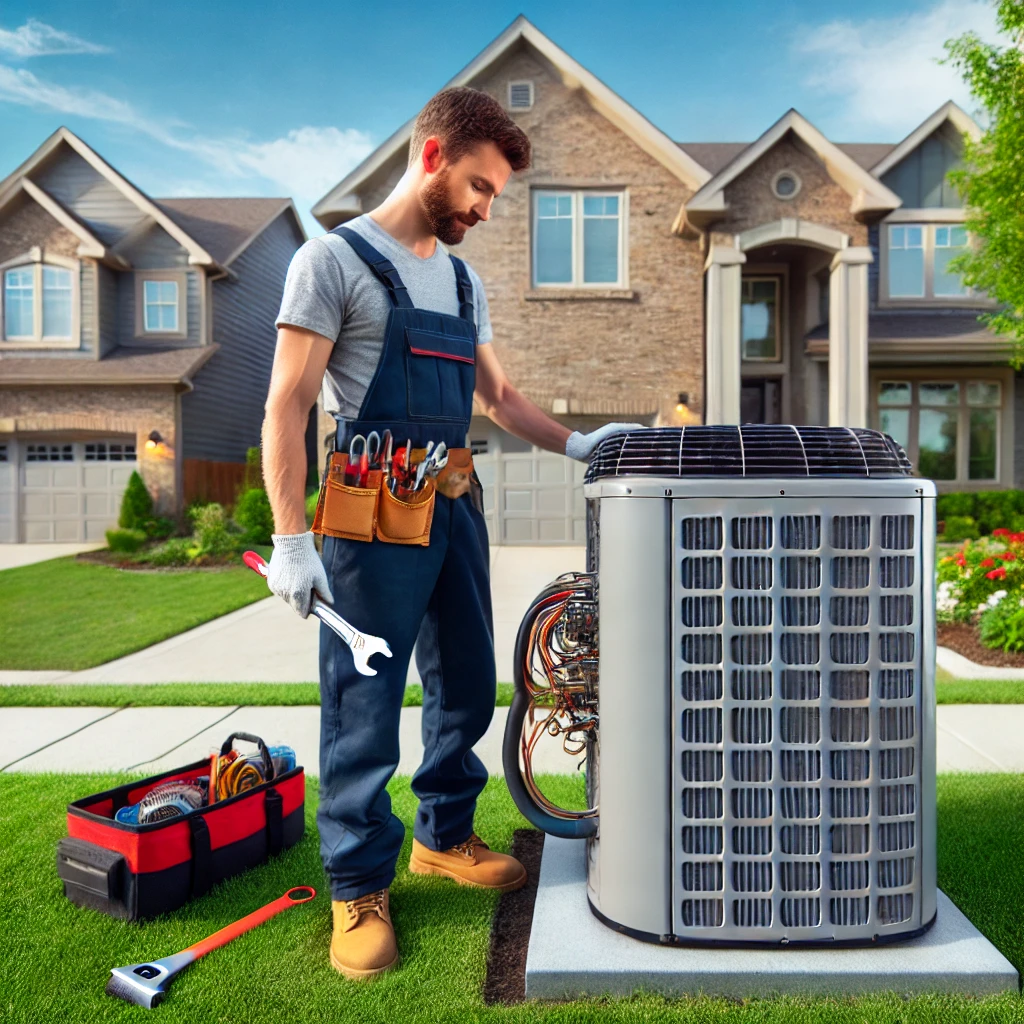 HVAC technician inspecting an air conditioning unit at a suburban home in Streamwood, IL, ensuring efficient cooling performance.