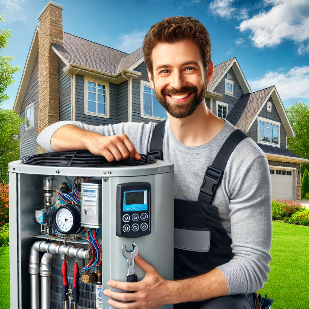 A professional HVAC technician servicing a heat pump and boiler system outside a suburban home in Great Lakes, IL, showcasing reliable heating and cooling solutions by Eco Temp HVAC.