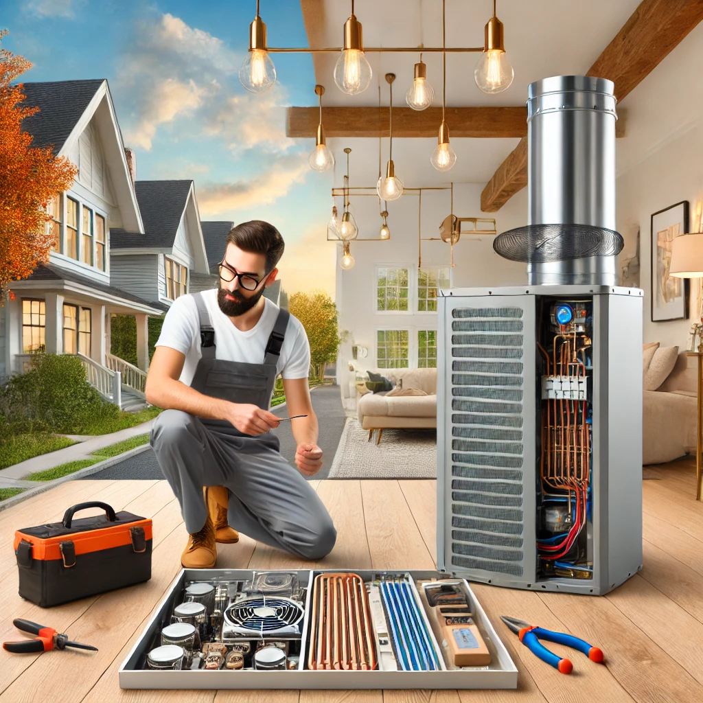 Professional HVAC technician working on a residential heating and cooling system with radiant heat flooring components in Maple Park, IL, provided by Eco Temp HVAC.