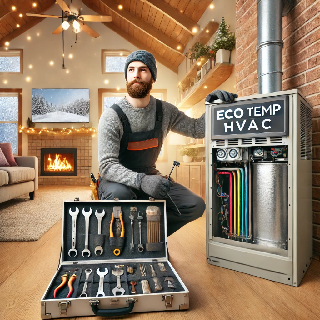 An Eco Temp HVAC technician repairing a furnace in a cozy Aurora, IL, home, with a neatly organized toolset and a snowy window view, reflecting professional HVAC services during winter.