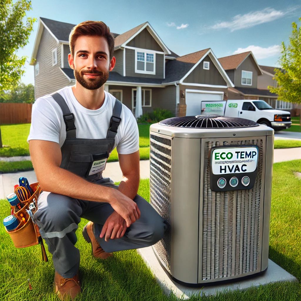 Professional HVAC technician servicing a modern air conditioning unit outdoors in Eola, IL, with a suburban home in the background.