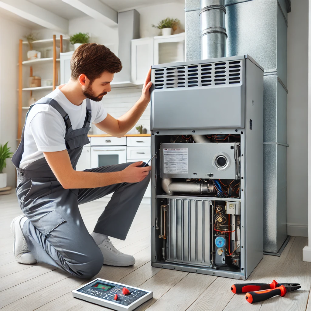 An HVAC technician servicing a modern furnace in a well-maintained residential home in Schiller Park, IL, highlighting professional heating and cooling system expertise.