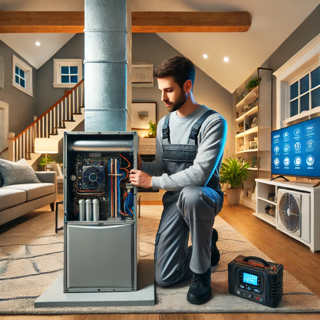 Professional HVAC technician servicing a modern HVAC system in Campton Hills, IL for Eco Temp HVAC.