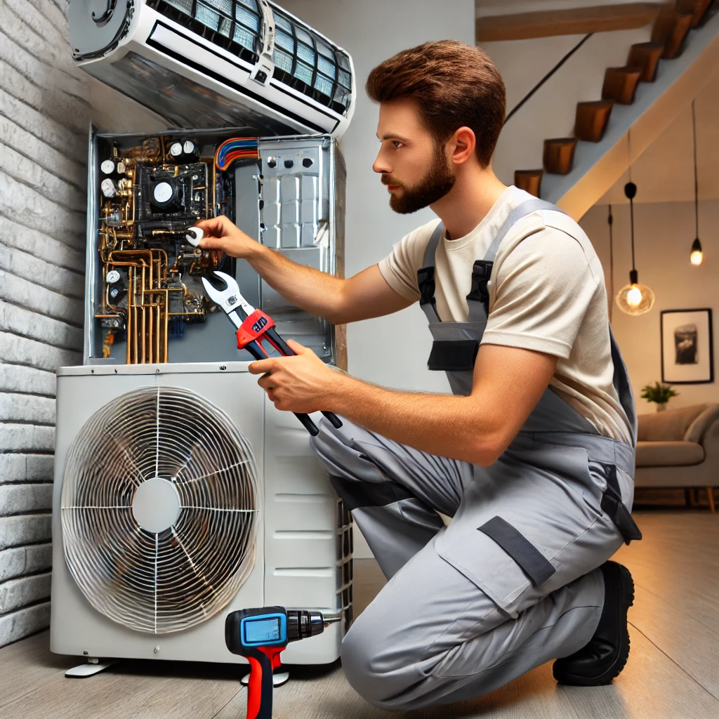An HVAC technician working on a modern air conditioning and heating system in a residential home in Stone Park, IL, emphasizing quality service and professionalism.