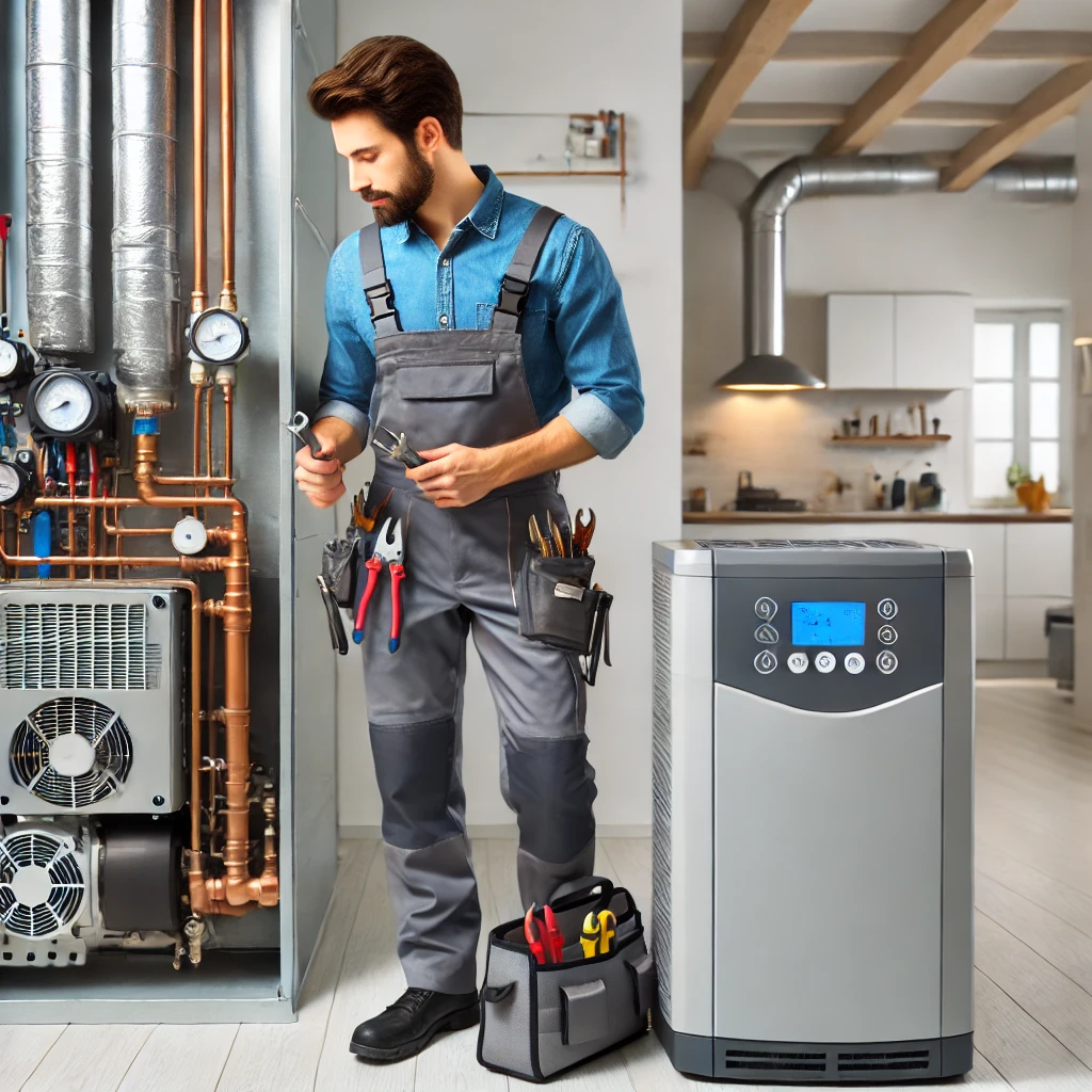 HVAC technician servicing a modern heating system for a home in Elgin, IL, highlighting professional heat pump, furnace, and boiler repair services.