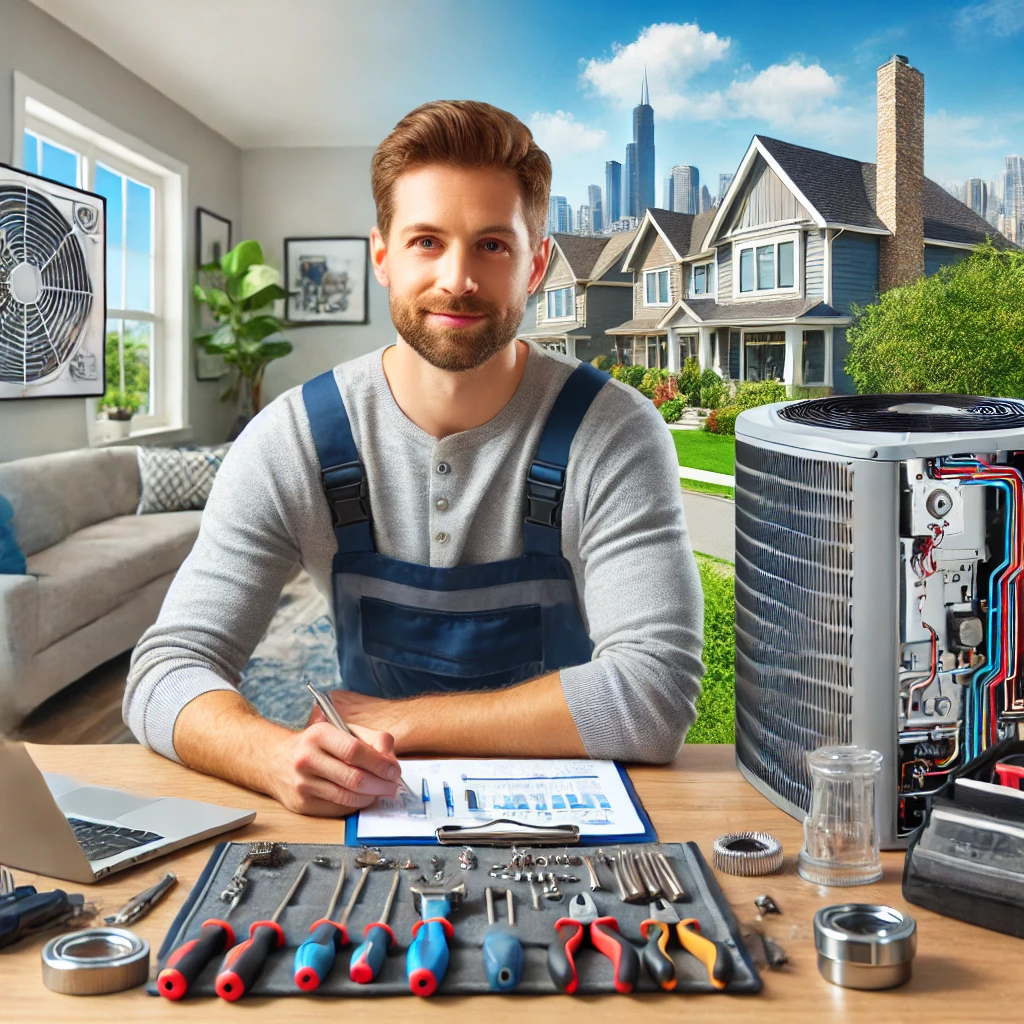 An Eco Temp HVAC technician servicing a modern HVAC system in Cary, IL, showcasing professional heating and cooling services.