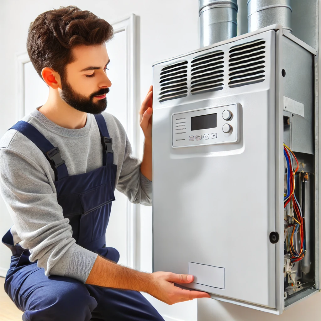 A professional HVAC technician working on a residential furnace in a well-maintained home, showcasing expert heating system maintenance and repair services.