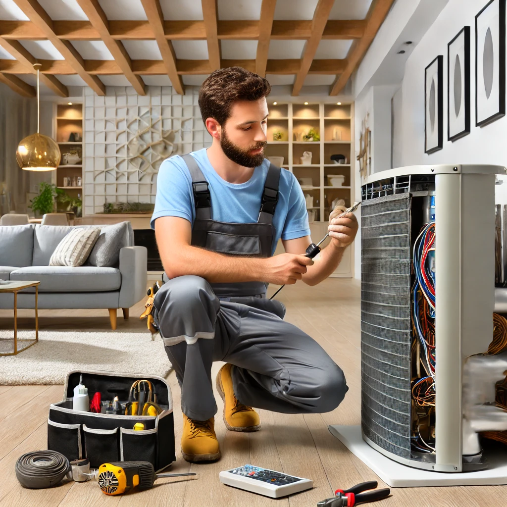 HVAC technician installing a modern HVAC system in a residential home in Elmhurst, IL, showcasing professional and reliable service.