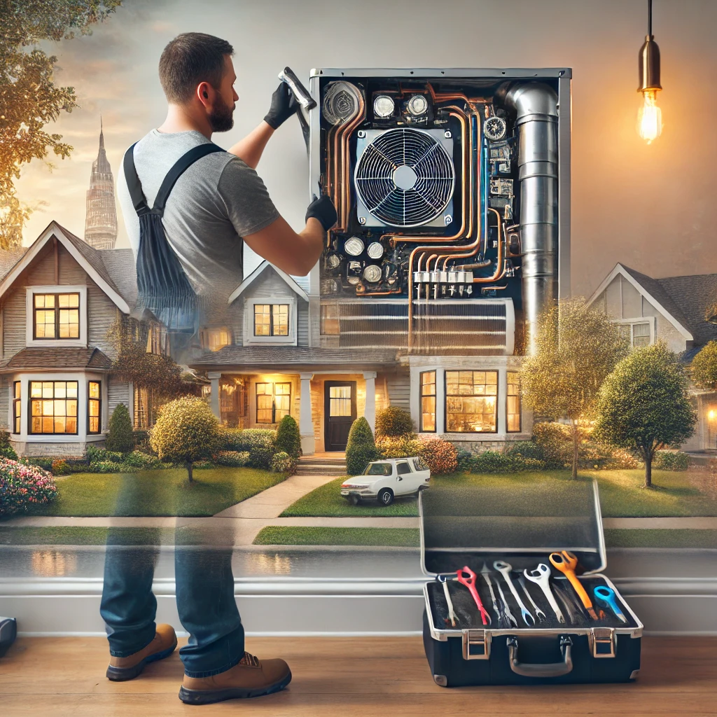 Professional HVAC technician servicing a residential air conditioning unit in Schaumburg, IL for Eco Temp HVAC.