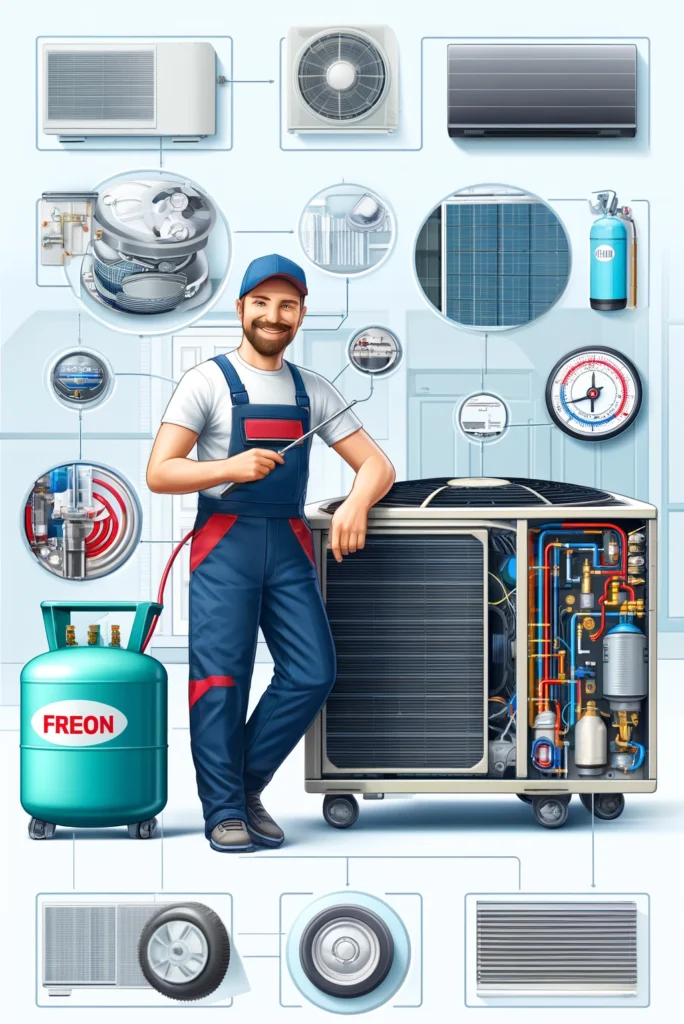 A friendly technician standing next to an air conditioning unit and a Freon tank, using a gauge to measure Freon levels, with visual elements like cooling coils, refrigerant lines, and a cross-sectional view of the air conditioning system in a clean, organized garage or workshop.