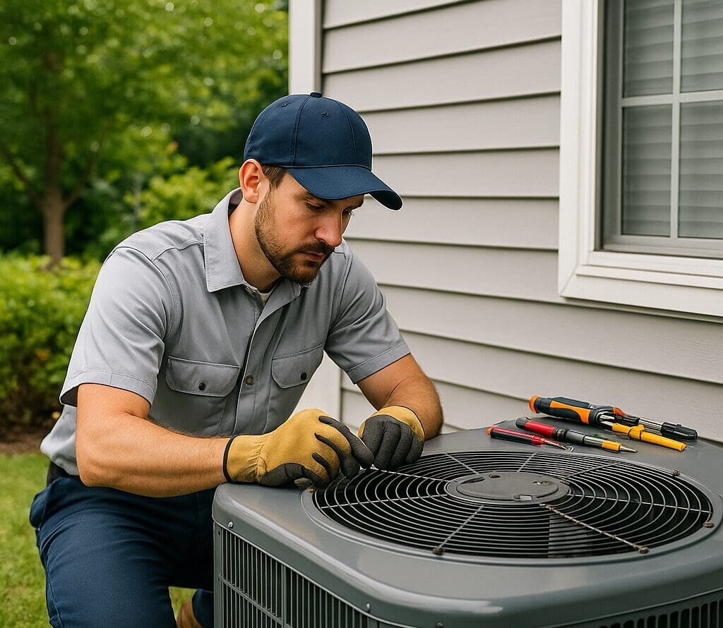 Eco Temp HVAC technician repairing outdoor air conditioner in St. Charles, IL