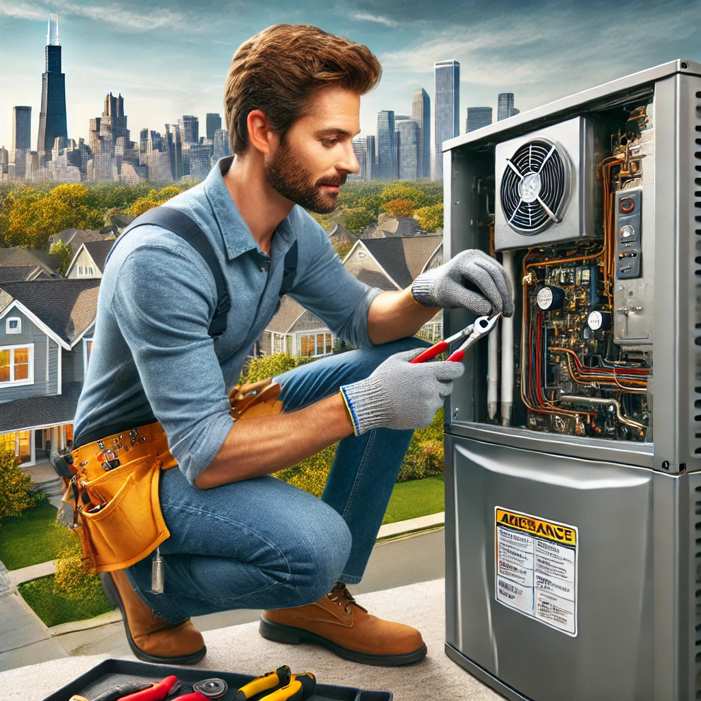 Professional HVAC technician servicing a residential heating and cooling system in Montgomery, IL.