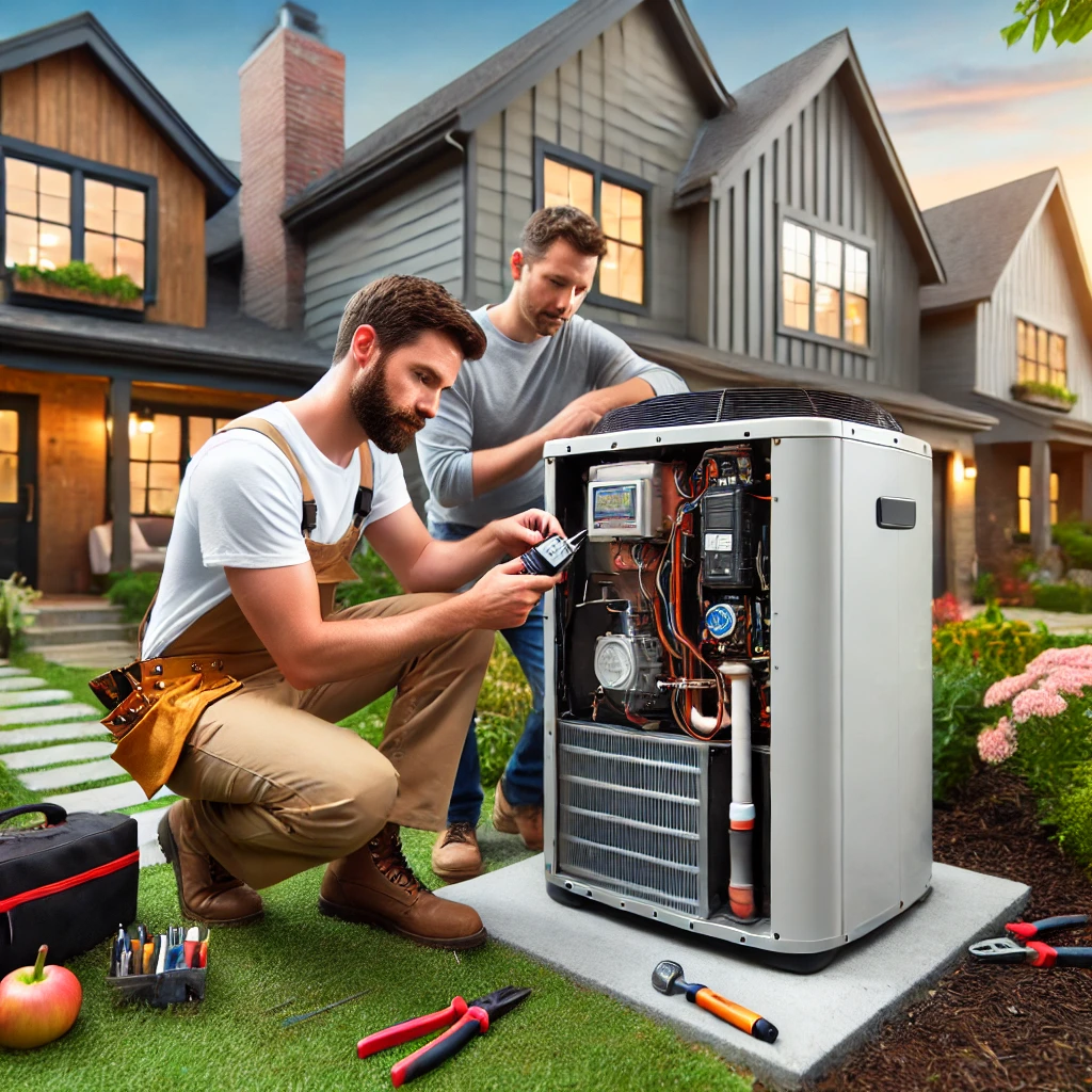 Professional HVAC technician repairing a modern heat pump system in a residential home in St. Charles, IL, showcasing Eco Temp HVAC's reliable services.